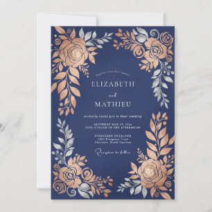 Navy Blue Glistening Botanical Wedding Invitation