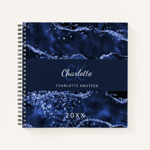 Navy blue glitter agate marble monogram notebook