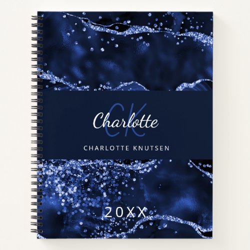 Navy blue glitter agate marble monogram notebook