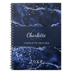 Navy blue glitter agate marble monogram notebook