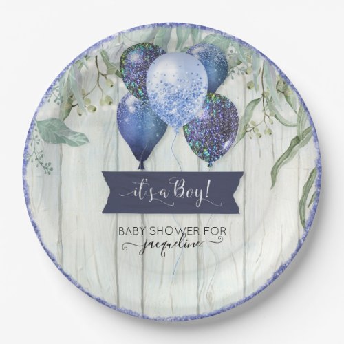 Navy Blue Glitter Balloons Eucalyptus Baby Shower Paper Plates