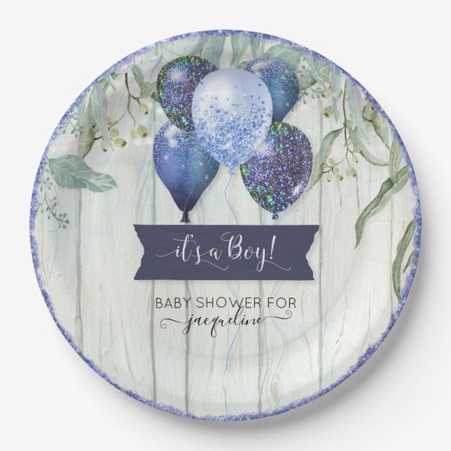Navy Blue Glitter Balloons Eucalyptus Baby Shower Paper Plates (Front)