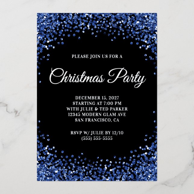 Navy Blue Glitter Border Black Christmas Party Foil Invitation (Front)
