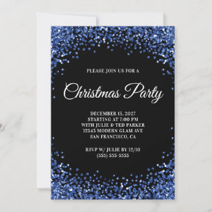 Navy Blue Glitter Border Black Christmas Party Invitation