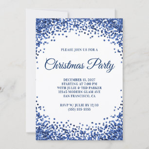 Navy Blue Glitter Border White Christmas Party Invitation