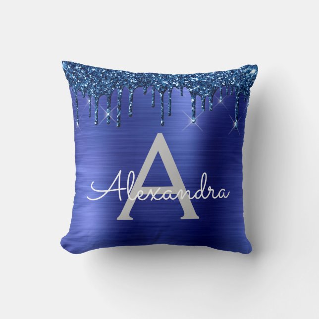 Navy Blue Glitter Brushed Metal Monogram Name Throw Pillow (Front)