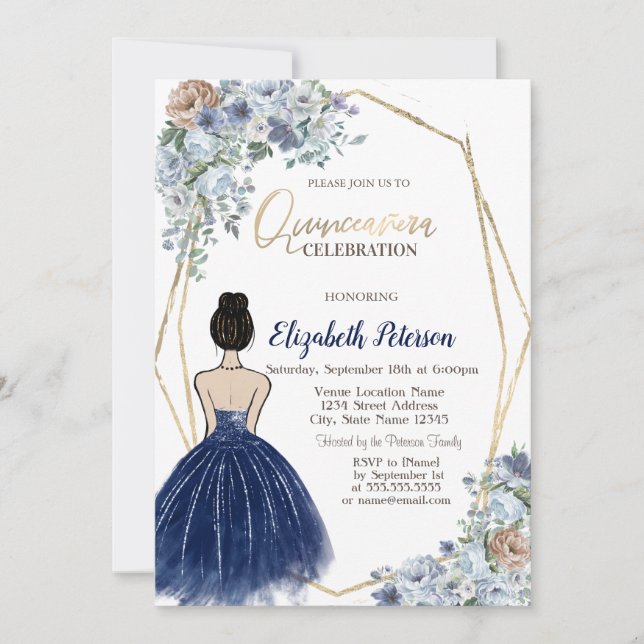 Navy Blue Glitter Dress, Blue Flowers Quinceanera Invitation (Front)