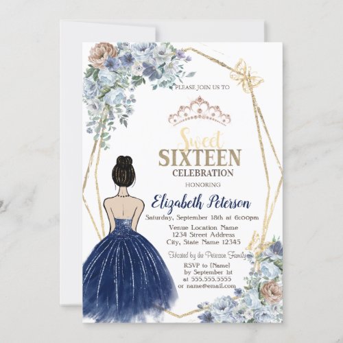 Navy Blue Glitter Dress Blue Flowers Sweet 16 Invitation