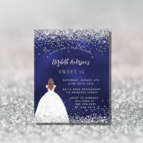 Navy blue glitter dress Sweet 16 budget invitation