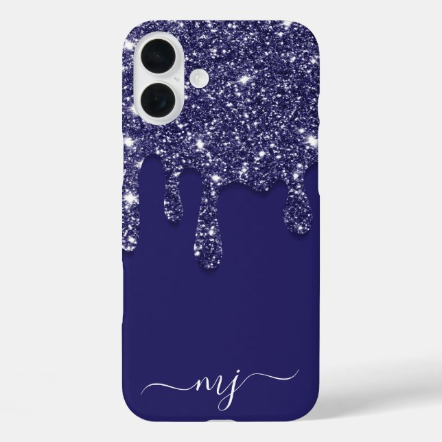 Navy Blue Glitter Drip Custom Monogram Case-Mate iPhone Case (Back)