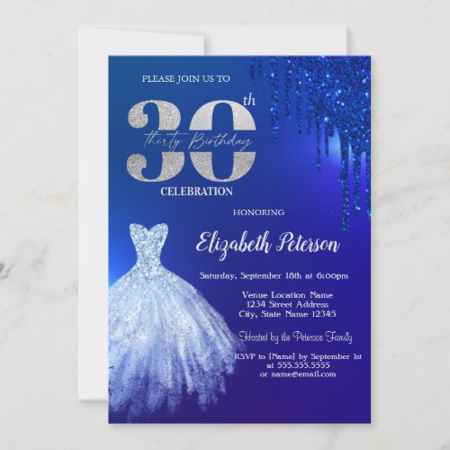 Navy Blue Glitter DripsDress Blue 30th Birthday Invitation
