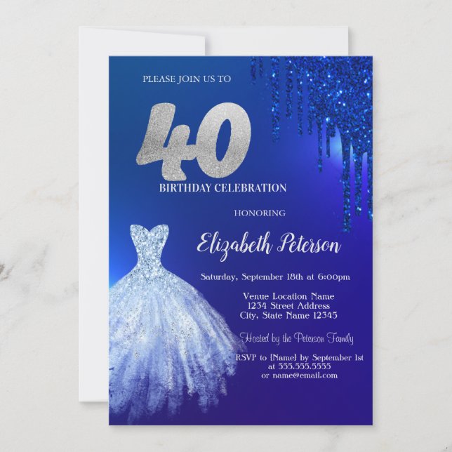 Navy Blue Glitter Drips,Dress Blue 40th Birthday Invitation (Front)