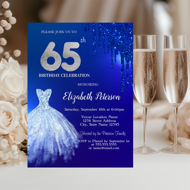 Navy Blue Glitter Drips,Dress Blue 65th Birthday Invitation (Creator Uploaded)