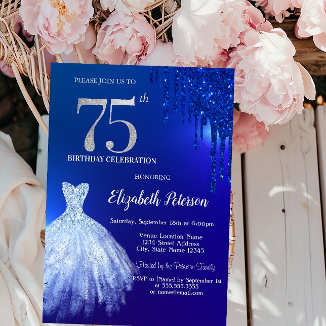Navy Blue Glitter Drips,Dress Blue 75th Birthday Invitation (Creator Uploaded)