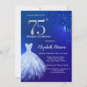Navy Blue Glitter Drips,Dress Blue 75th Birthday Invitation