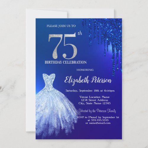 Navy Blue Glitter DripsDress Blue 75th Birthday Invitation