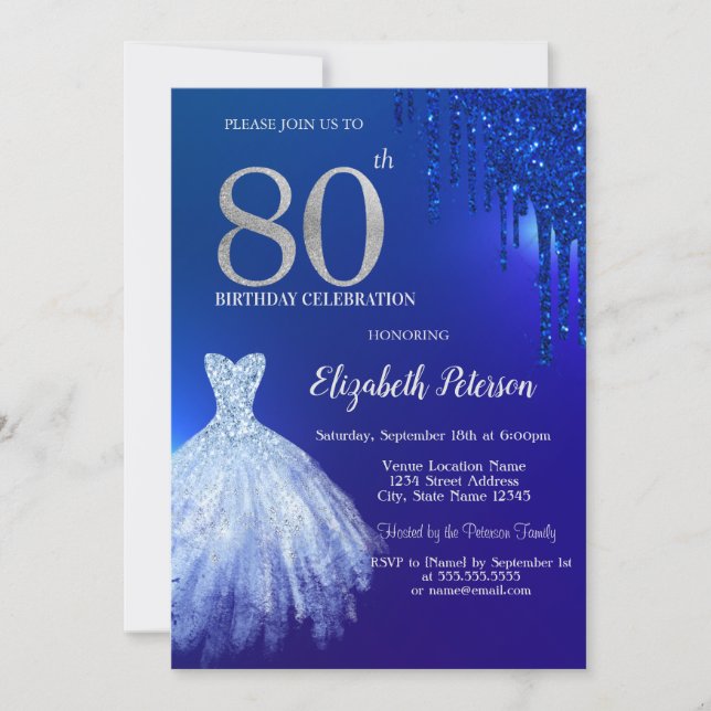 Navy Blue Glitter Drips,Dress Blue 80th Birthday Invitation (Front)
