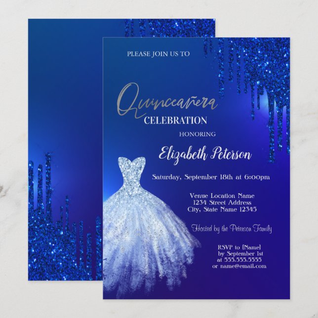 Navy Blue Glitter Drips,Dress Blue Quinceañera Invitation (Front/Back)
