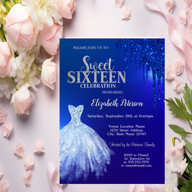 Navy Blue Glitter Drips,Dress Blue Sweet 16  Invitation (Creator Uploaded)