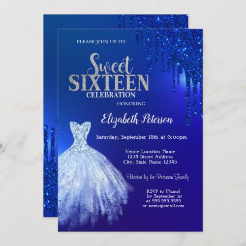 Navy Blue Glitter DripsDress Blue Sweet 16  Invitation