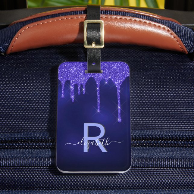 Navy blue glitter drips monogram luggage tag (Front Insitu 2)