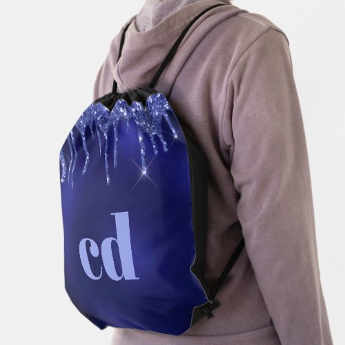 Navy blue glitter drips monogram modern drawstring bag