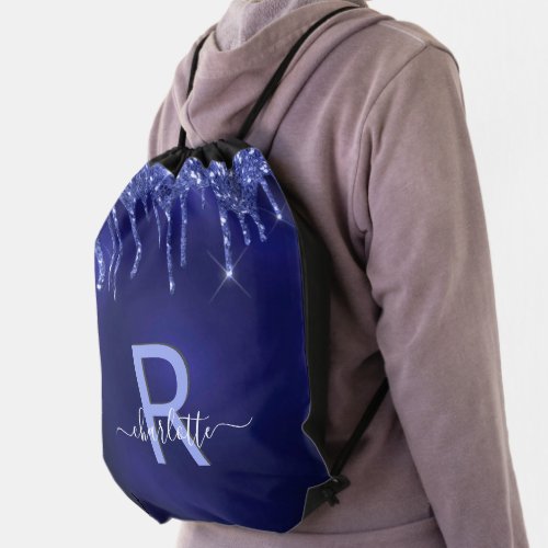 Navy blue glitter drips monogram name drawstring bag