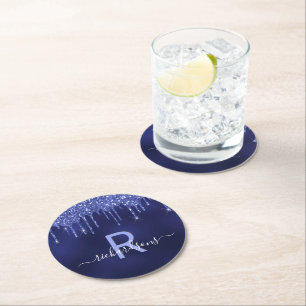 Navy blue glitter drips monogram script round paper coaster