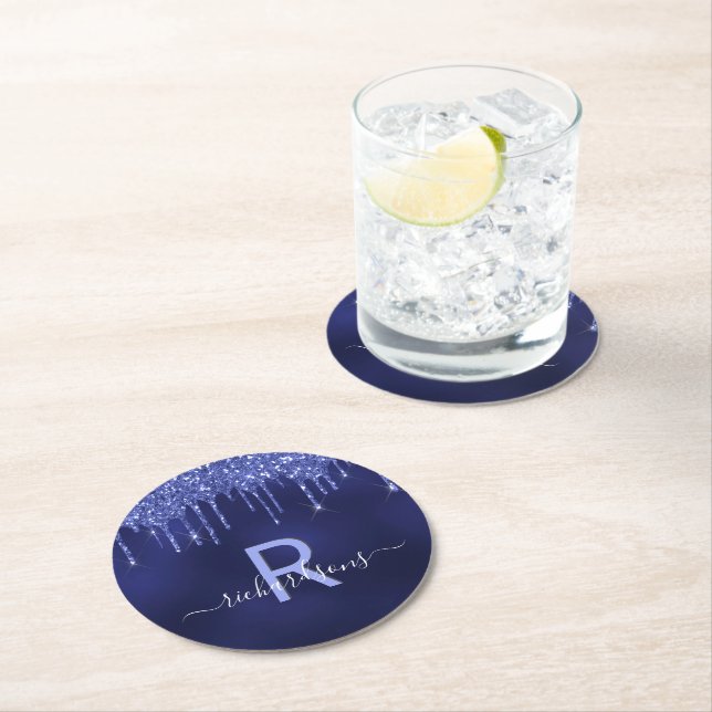 Navy blue glitter drips monogram script round paper coaster (Insitu)