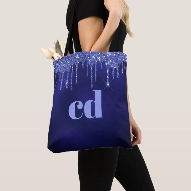 Navy blue glitter drips monogram tote bag (Close Up)