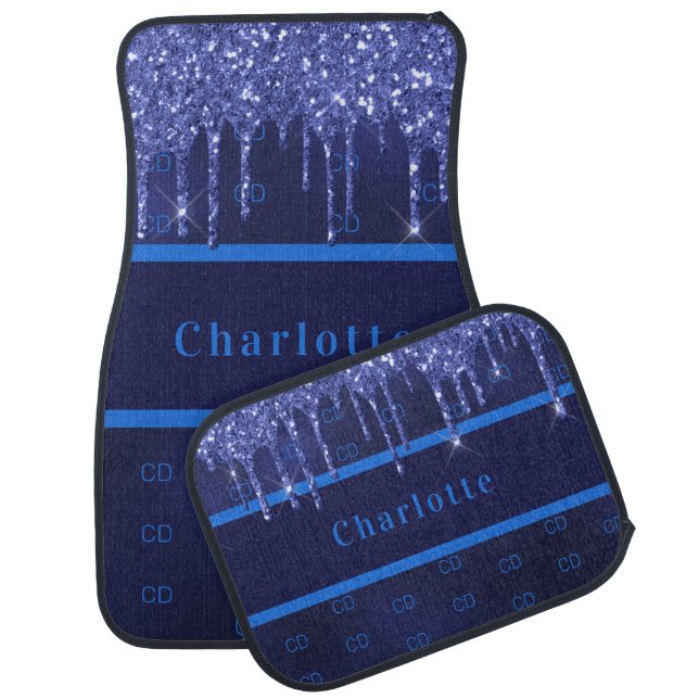 Navy blue glitter drips name car floor mat (Set)