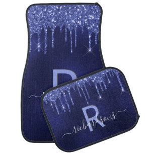 Navy blue glitter drips name monogram initial car floor mat