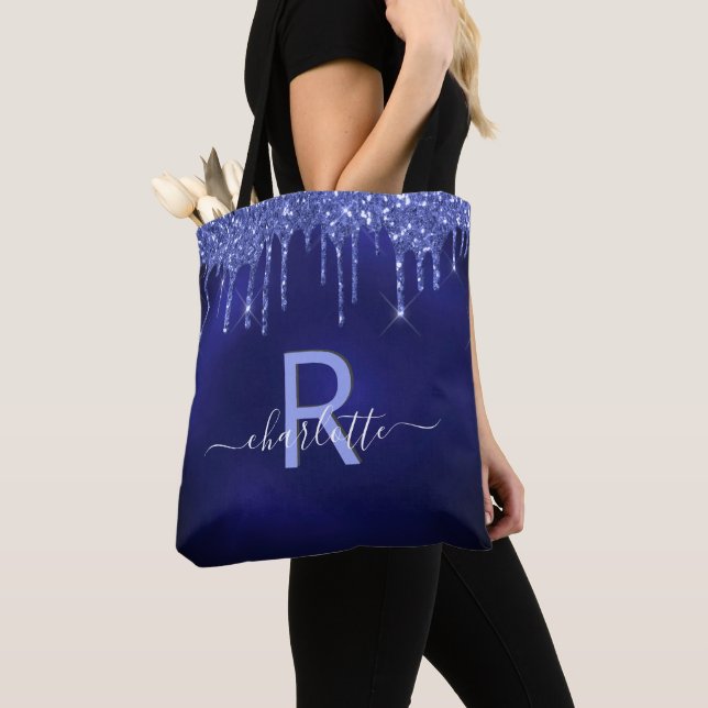 Navy blue glitter drips name monogram script tote bag (Close Up)