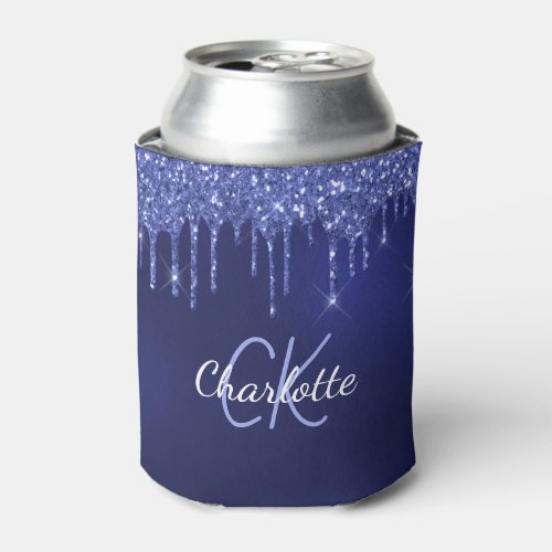 Navy blue glitter drips white name can cooler