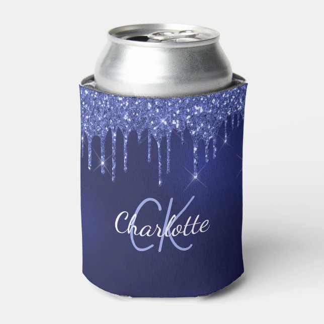 Navy blue glitter drips white name can cooler (Can Front)
