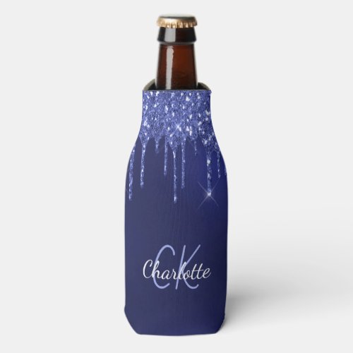 Navy blue glitter drips white nautical name bottle cooler