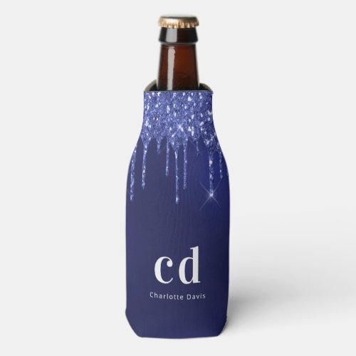 Navy blue glitter drips white nautical name bottle cooler