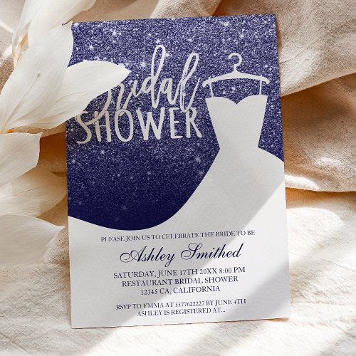 Navy blue glitter elegant chic dress Bridal shower Invitation