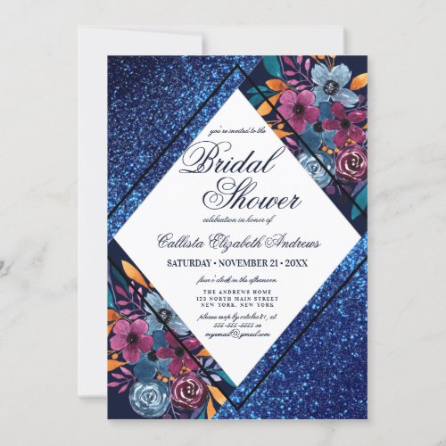 Navy Blue Glitter Floral Watercolor Bridal Shower Invitation