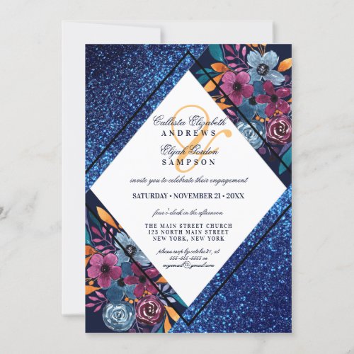 Navy Blue Glitter Floral Watercolor Engagement Invitation