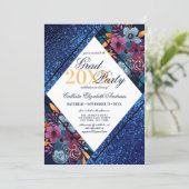 Navy Blue Glitter Floral Watercolor Graduation Invitation (Standing Front)