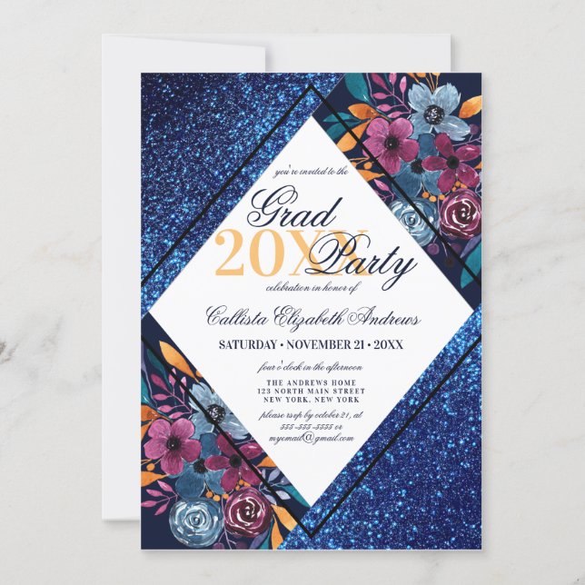 Navy Blue Glitter Floral Watercolor Graduation Invitation (Front)