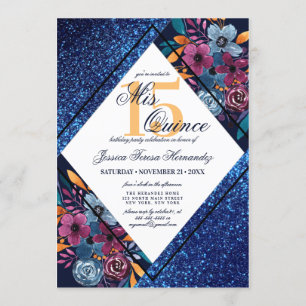 Navy Blue Glitter Floral Watercolor Mis Quince Invitation