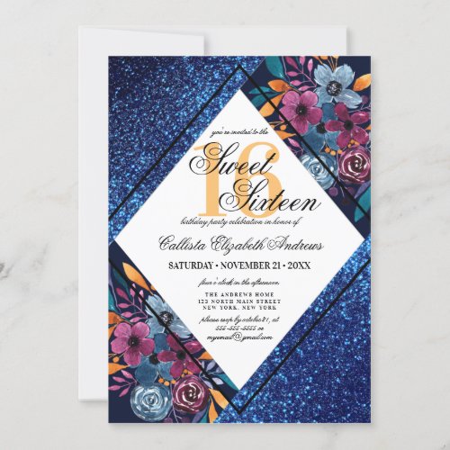 Navy Blue Glitter Floral Watercolor Sweet 16 Invitation