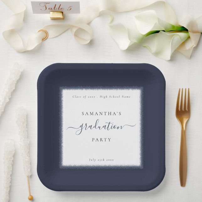 Navy Blue Glitter Frame Name Year Graduation Party Paper Plates (Wedding)