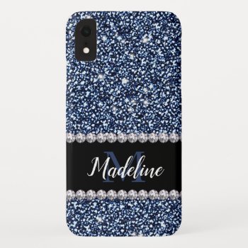 Navy Blue Glitter & Gems With Name And Monogram Iphone Xr Case by CoolestPhoneCases at Zazzle