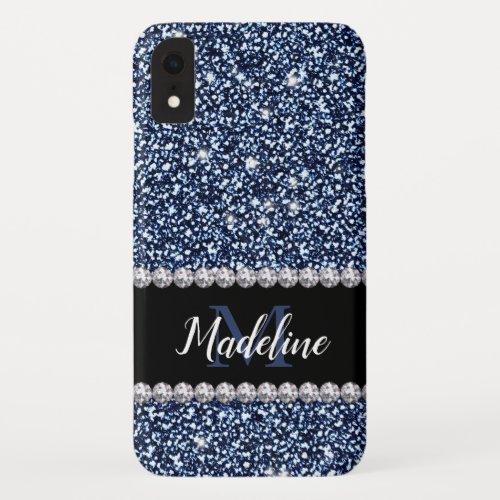 Navy Blue Glitter  Gems with Name and Monogram iPhone XR Case