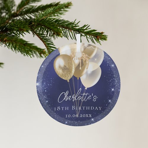 Navy blue glitter gold balloons birthday glass ornament