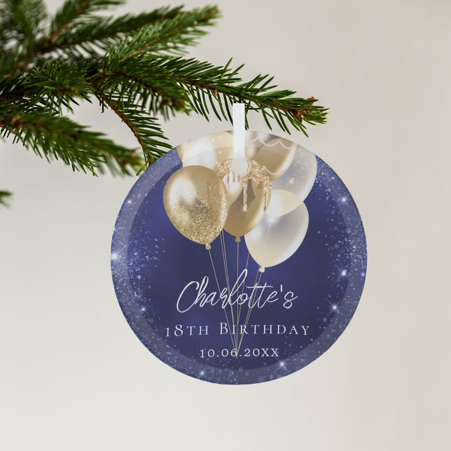 Navy blue glitter gold balloons birthday glass ornament (Creator Uploaded)