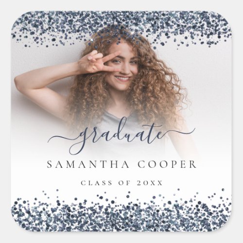 Navy Blue Glitter Grad Photo Name Class of Year  Square Sticker